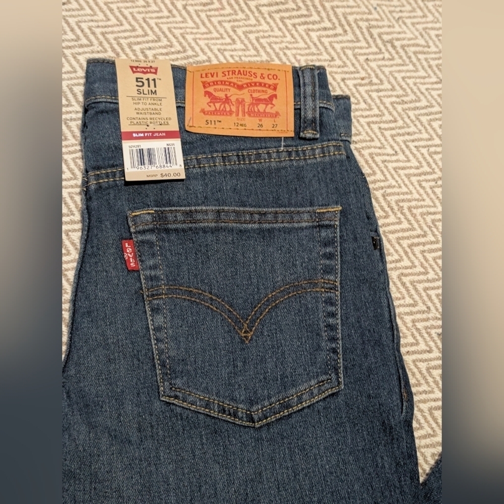 Levi's Kids Slim Fit Jeans - Dark Blue Levi's 511 Adjustable Waist Band Size 12 - Picture 5 of 7